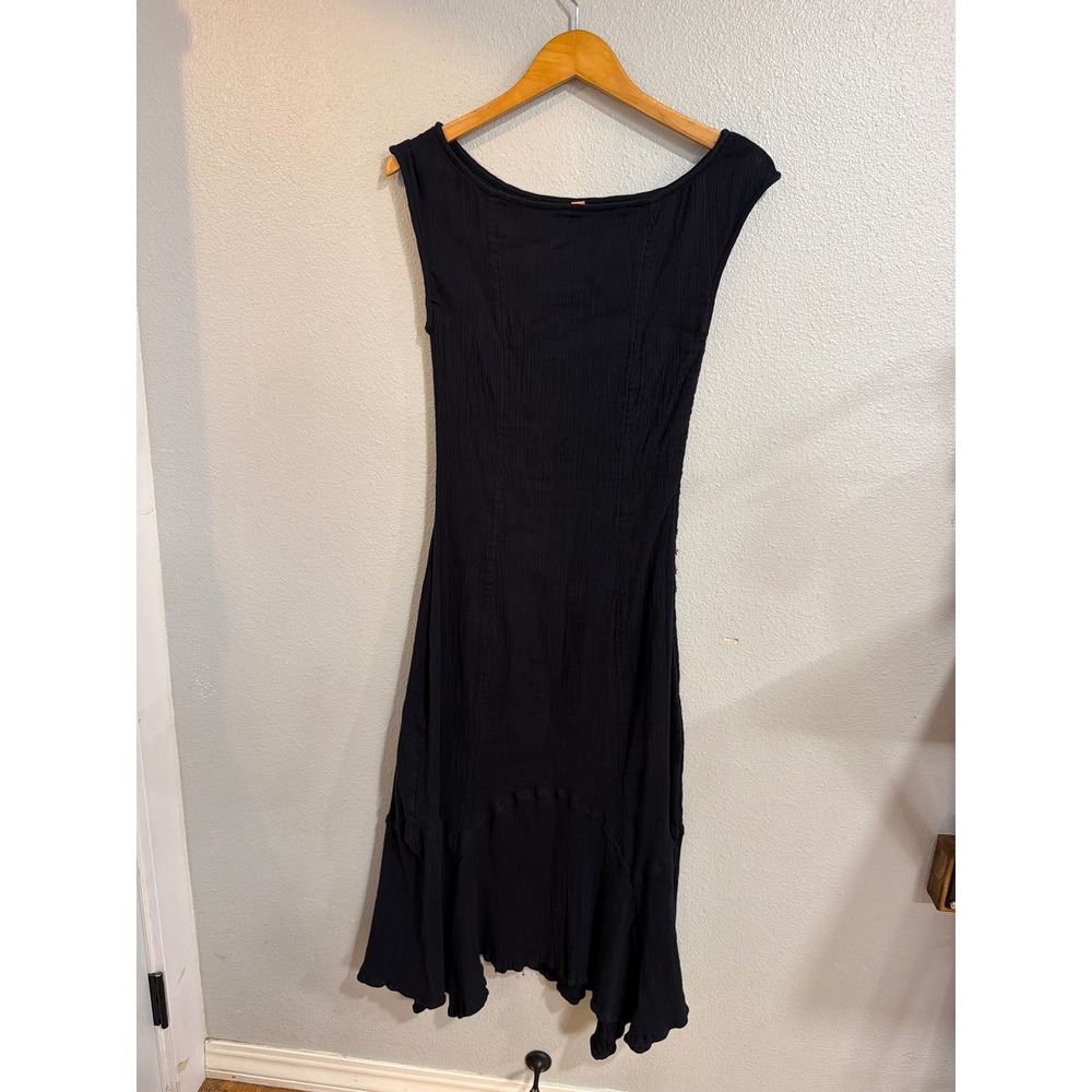 Free People Midi Dress Women XS Black Crinkle Gauze Side Button Ruffle High-Low